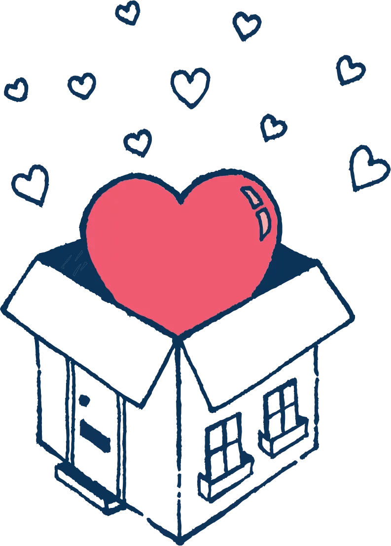 illustration of a cardboard box turned into a holiday home box with pink heart