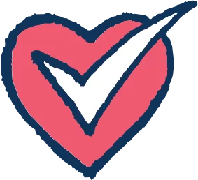 An illustrated red heart with a big tick