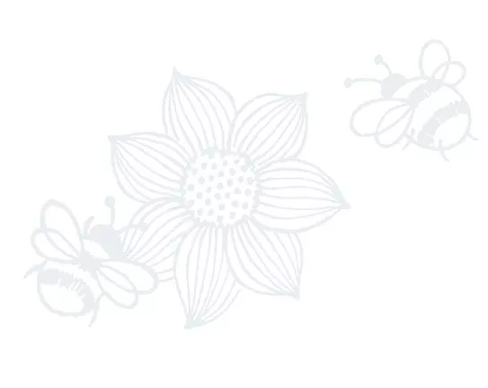 An illustration of bees and flowers in a faded navy against a white background