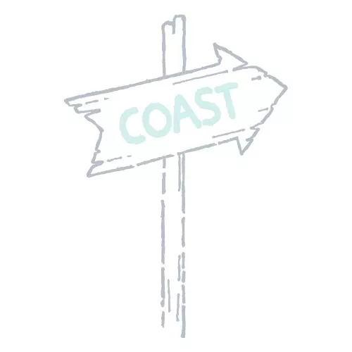 An illustration of a sign post pointing right and labelled coast in blue ink.