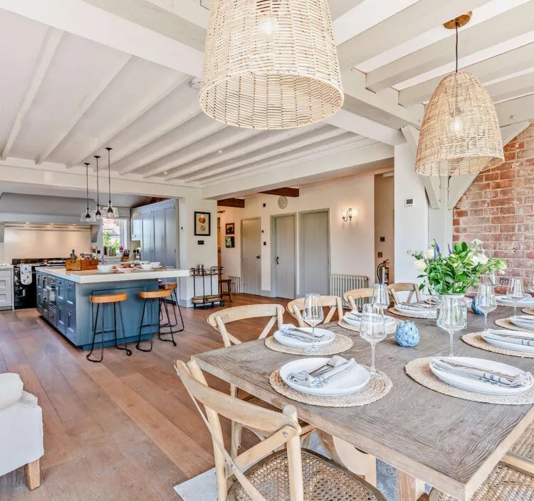 The open plan space of Bedgebury Oast looking into the kitchen and dining room.