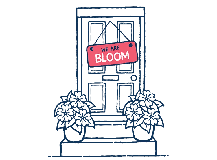 An illustration of a navy front door outline with a pink sign hung on the front with the words We Are Bloom.