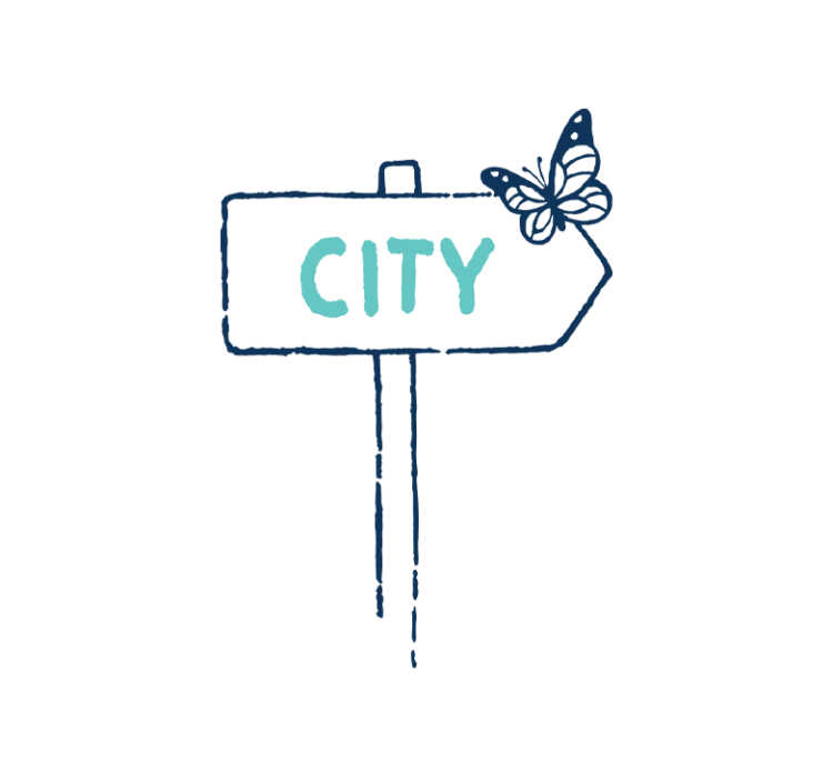 An illustration of a sign post, pointing right to the City, with a butterfly perched on top.