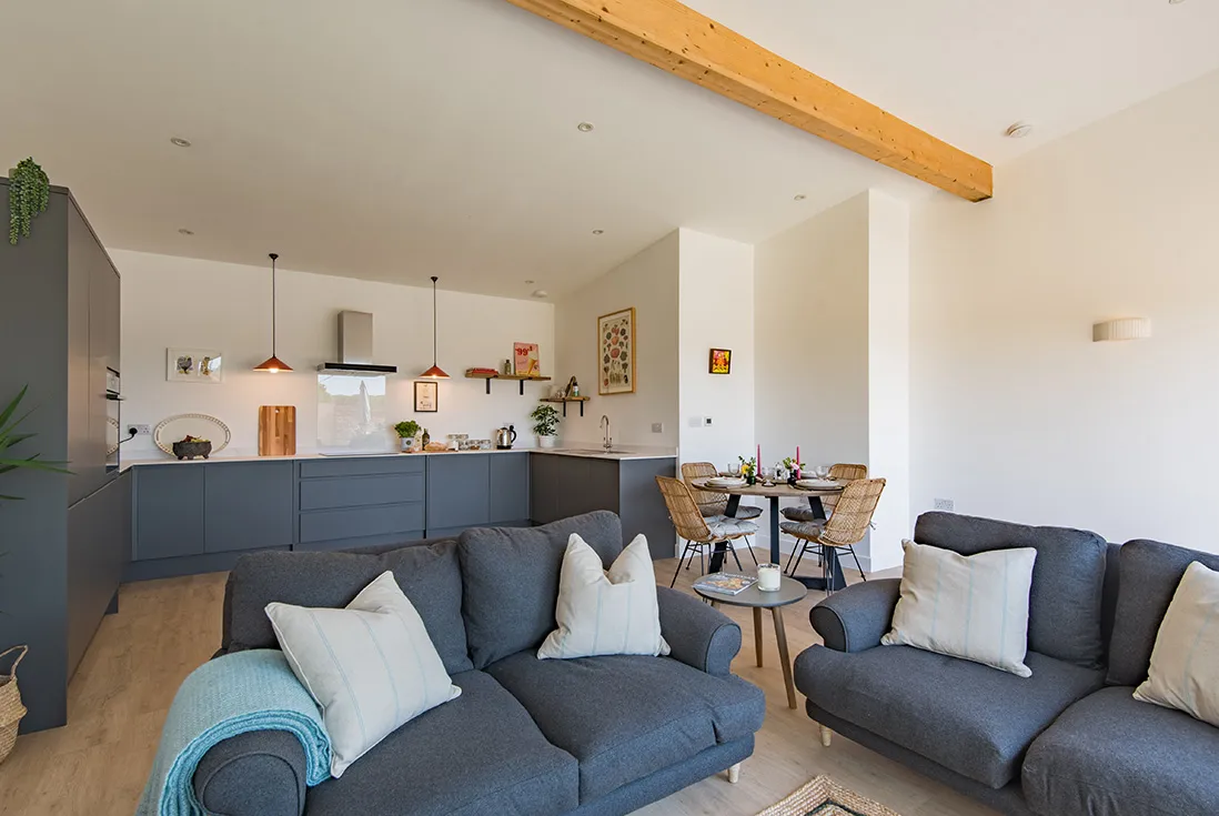 The Bull Pen is a dog friendly holiday home in Ashford, it's a wonderful converted farm building sleeping four guests. The kitchen and living area has a big open plan space ideal for entertaining guests.