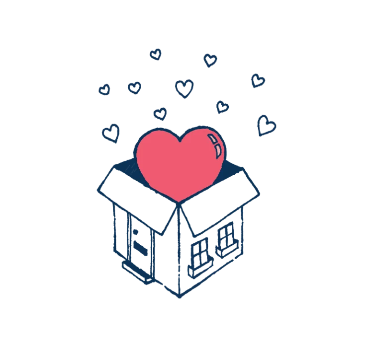 An illustration of a cardboard box turned into a holiday home with a pink pink heart popping out.