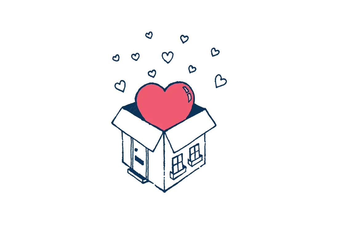 An illustration of a cardboard box turned into a holiday home with a pink pink heart popping out.