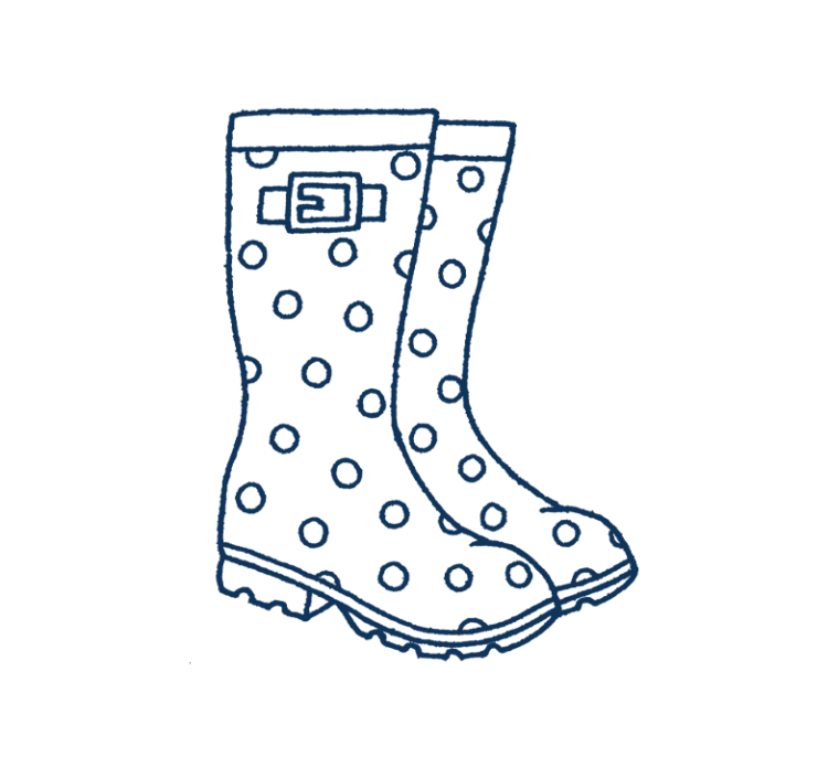 An illustration of a pair of wellington boots in navy with dots on.