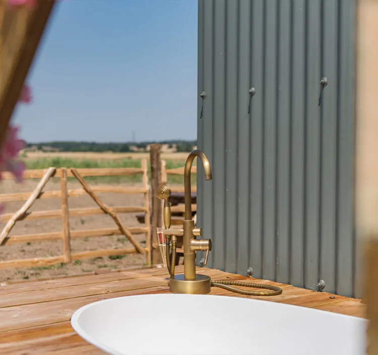 Outdoor bath and view of romney marsh
