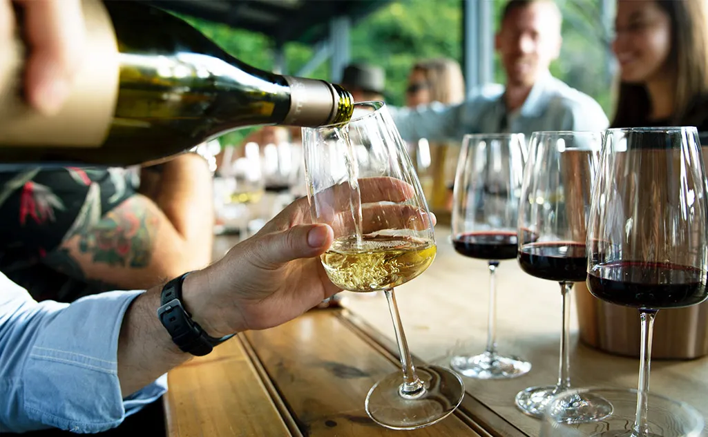 Someone pouring white wine into a glass and tasting other red wines on a vineyard tasting tour