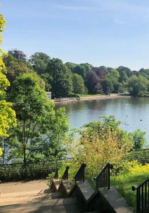 Sunny views across the lake at Mote Park in Maidstone, lots of greenery and ducks on the water.