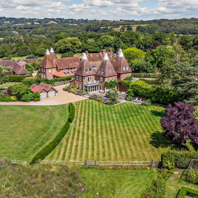 Aerial shot of Bedgebury Oast, in East Sussex a Holiday Home surrounded by a large green space