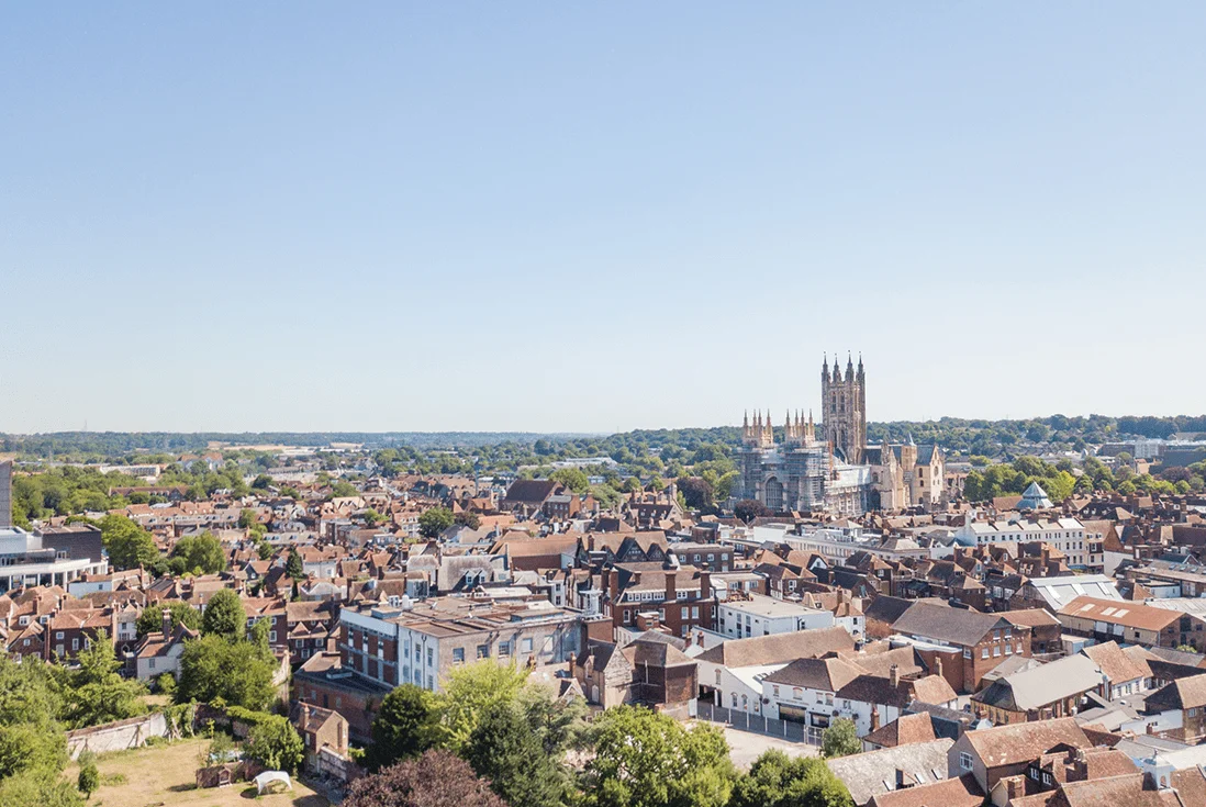 Aerial shot overlooking Canterbury city cathedral