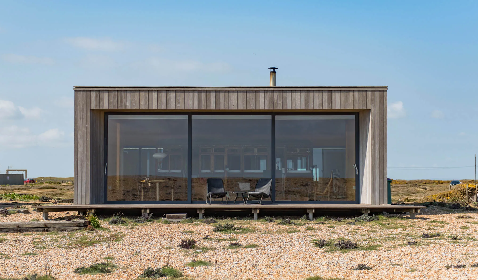 Exterior shot of El Ray holiday home sat on the Dungeness Nature Reserve