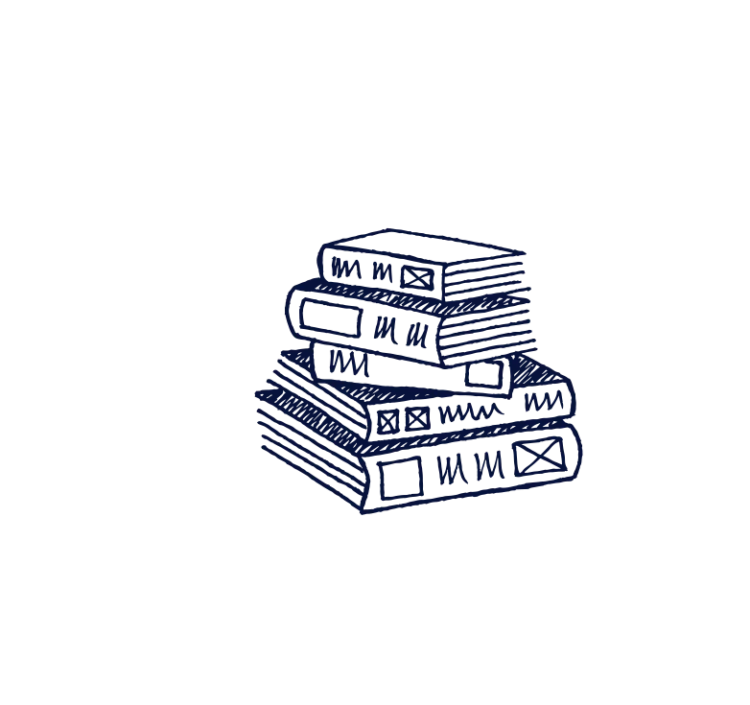 An illustrated stack of books drawn in dark blue.