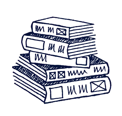 An illustrated stack of books drawn in dark blue.