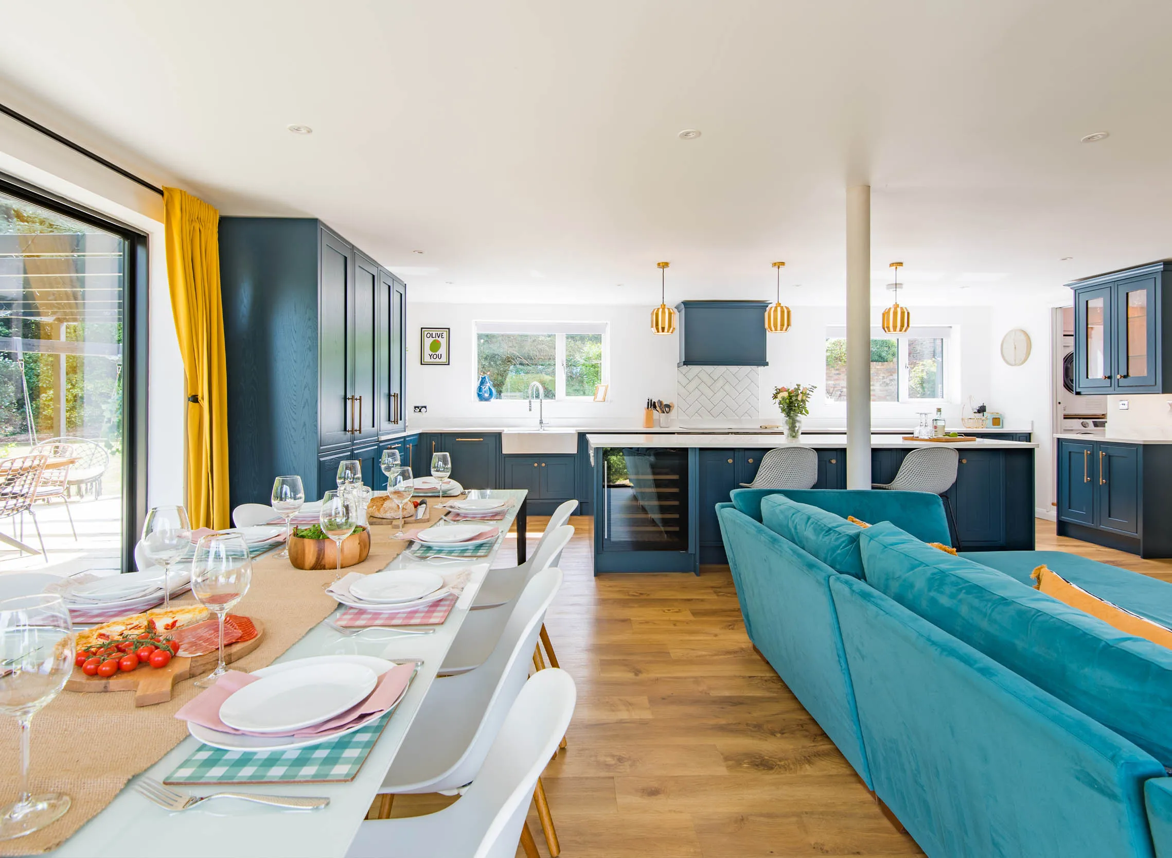 The spacious open plan area of the living room, dining room and kitchen of the Folly, a holiday home in Meopham.