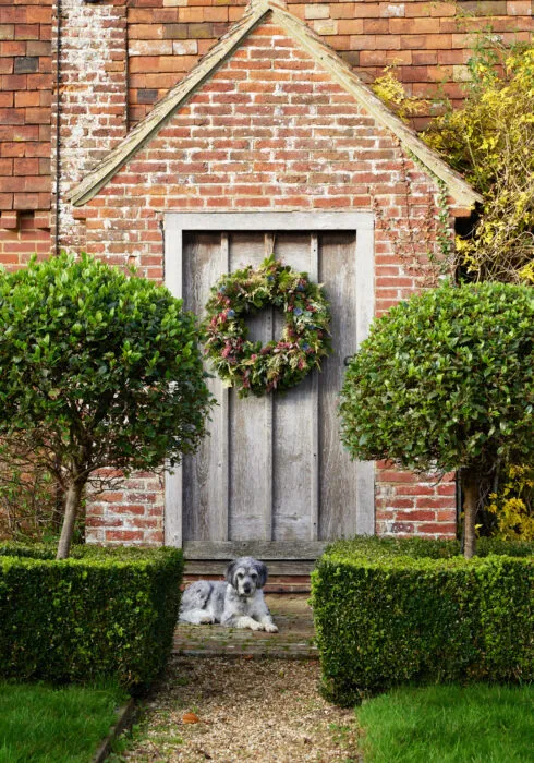 Bloom Stays Christmas wreath and a dog sat infront of Dormestone Farm, a holiday home by Bloom Stays