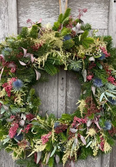 Bloom Stays Christmas Wreath on the front door of Dormestone Farm.