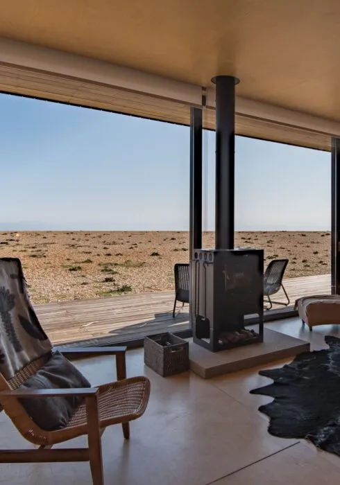 Living room looking out to the shingle beach at El Ray, Dungeness
