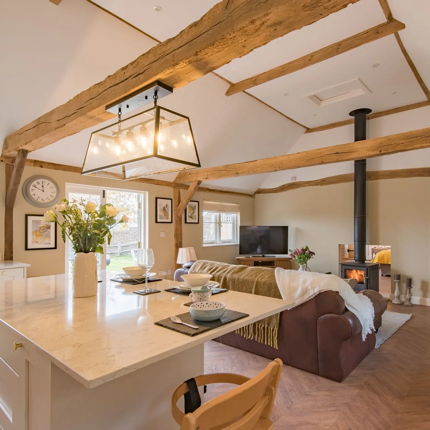 Open kitchen and lounge with wood burner at Cart Lodge, Blackham, nr Tunbridge Wells