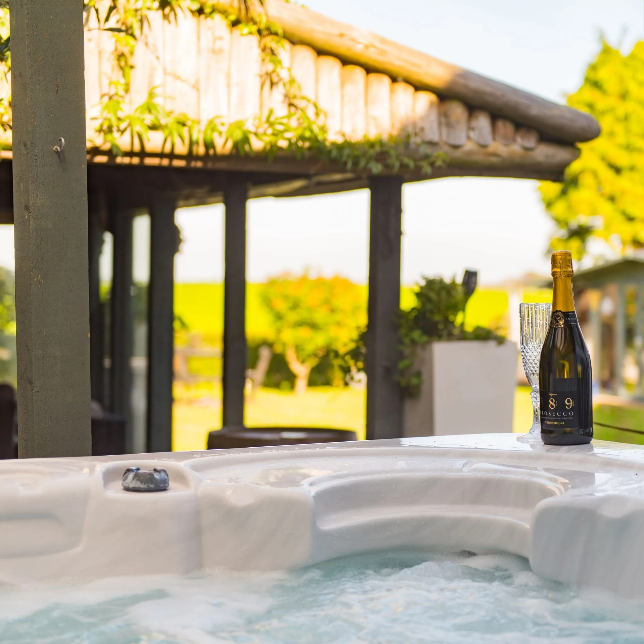 Hot tub and prosecco – enjoyed at Channel View, Capel le Ferne, nr Folkestone