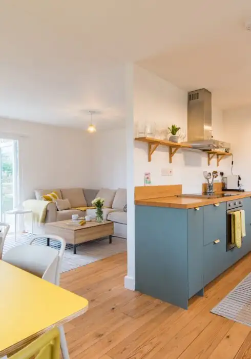 The interiors of the open plan kitchen, dining and living room space of The Cot in Winchelsea Beach.