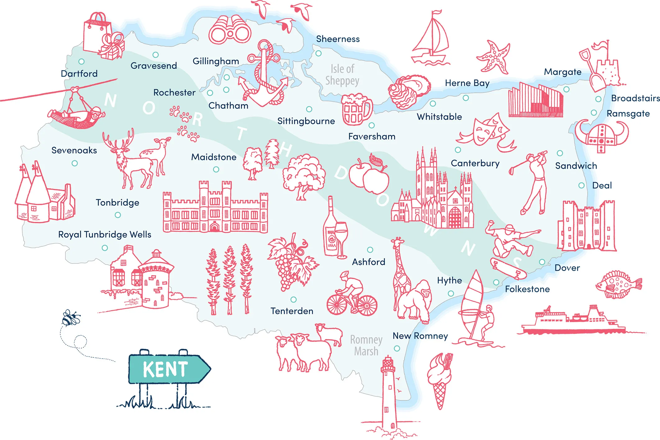 Illustrated map of Kent – things to do in Kent, Kent holiday destinations, activities in Kent