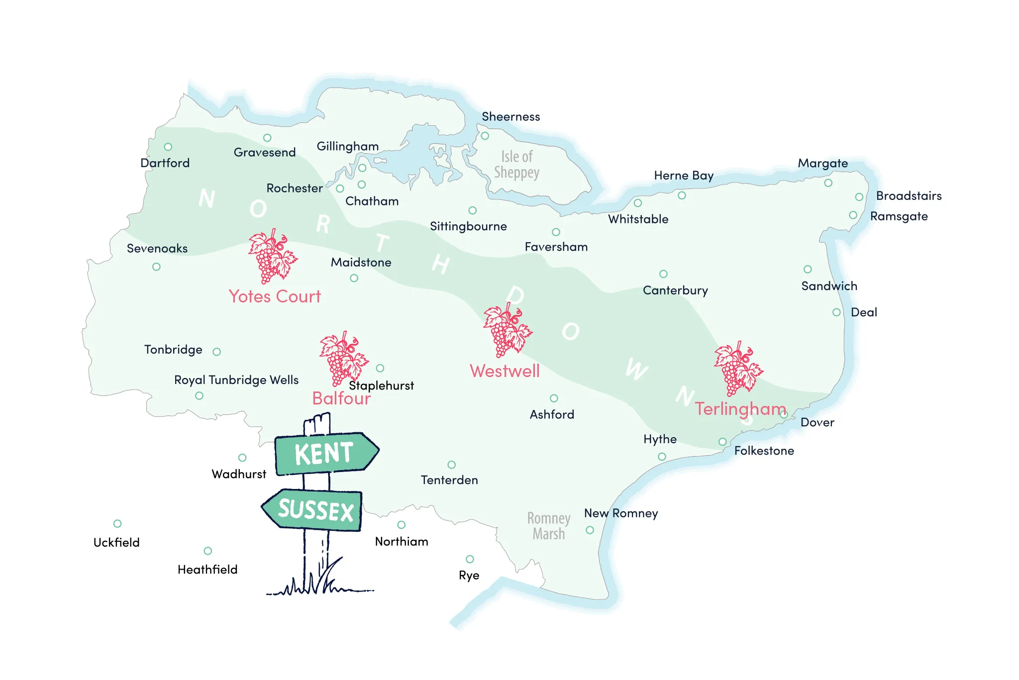 An illustrated map with a few of Kent's best vineyards plotted.