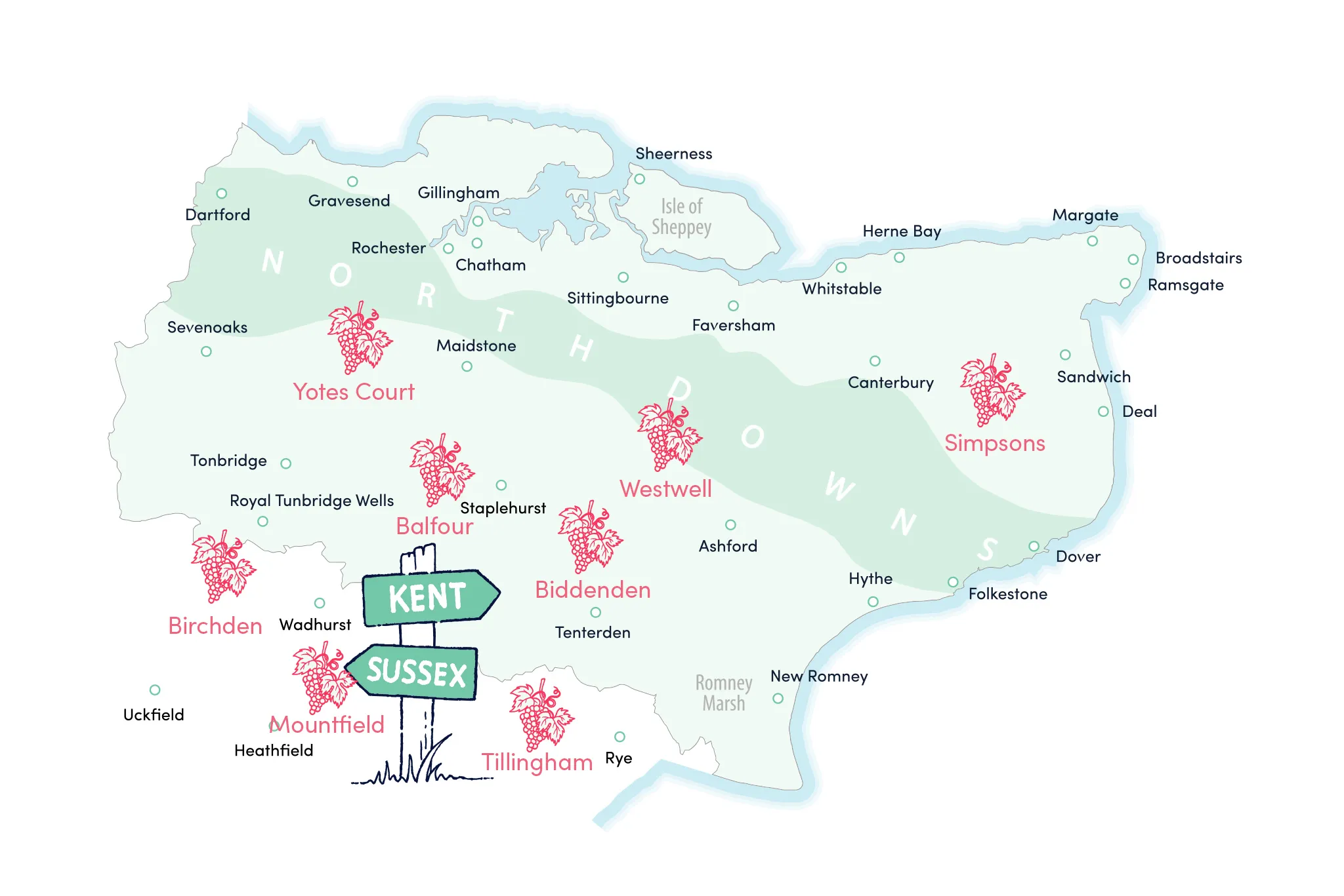 An illustrated map of Kent and East Sussex with local vineyards plotted.