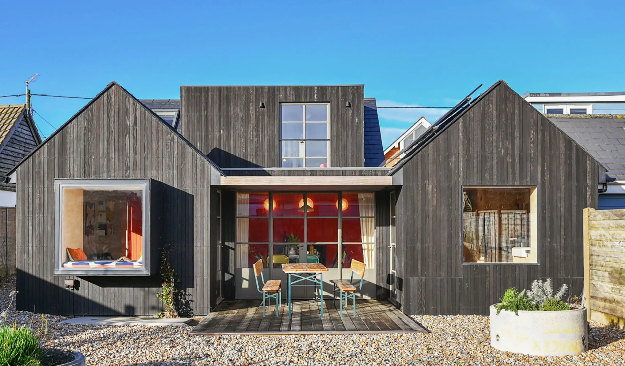 The exterior of Luna, a cosy beach house in Camber, East Sussex.